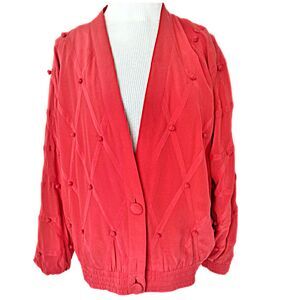 Vintage Perlita Womens Bright Red 100% Silk Dolman Sleeve Cardigan Jacket S